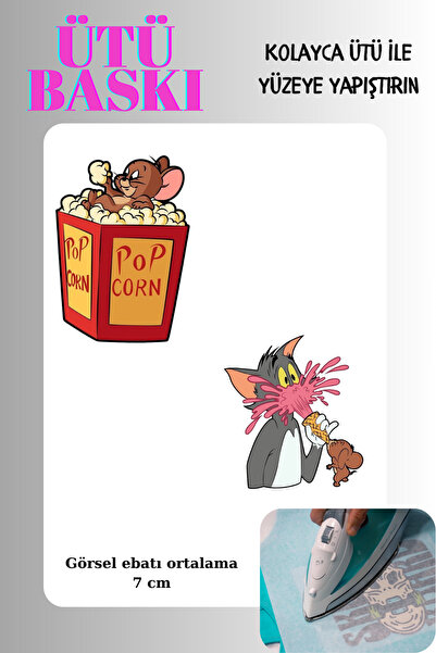 zupez Ütü ile Yapışan Tekstil Transfer Dtf Baskı 2 Adet Tom ve Jerry popcorn