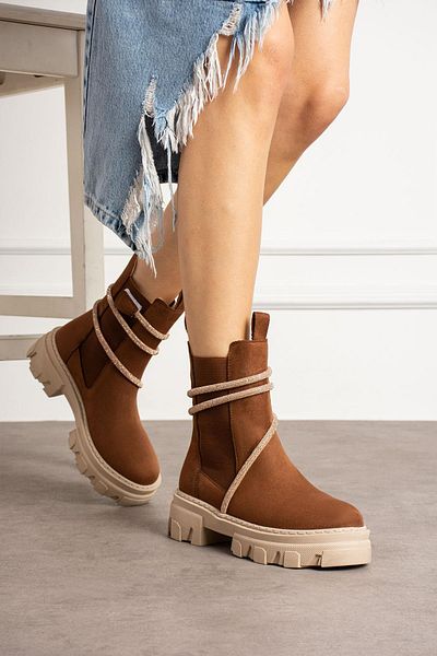 ShoeTek Fausta Γυναικείες Μπότες Suede - Stone Detailed, Wrapped Boots Tan
