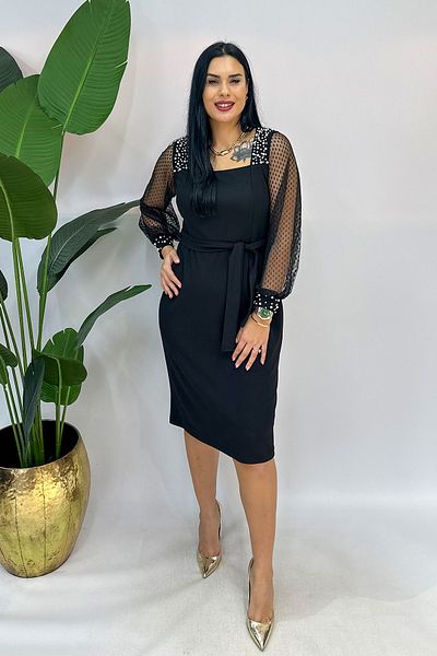 GÖKSEL Plus Size Dress with Tulle Sleeves Pearls - Black