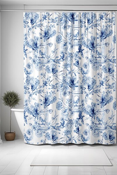 EVPANYA Banyo Perdesi, Lacivert Kafesteki Kuşlar Desenli Duş Perdesi, Küvet Perdesi 175x200cm