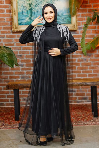 Nursima 6370 Stone Embroidered Tulle Green Skirt with Belt Hijab Evening Dress