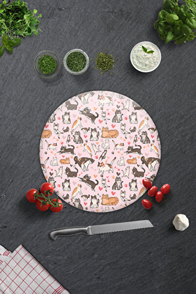 Decorita Cam Kesme Tahtası - Cam Kesme Tablası | Kedi Desenli | Çap32cm
