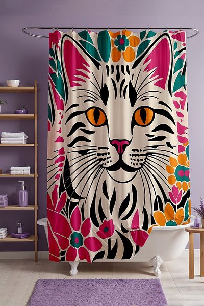 EVPANYA Κουρτίνα μπάνιου, Hippie Cute Cat Pattern Κουρτίνα μπάνιου, Κουρτίνα μπανιέρας 175x200cm