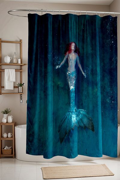 EVPANYA Perdeau de baie, perdea de duș cu model sirenă în ocean, perdea pentru cadă 175x200cm