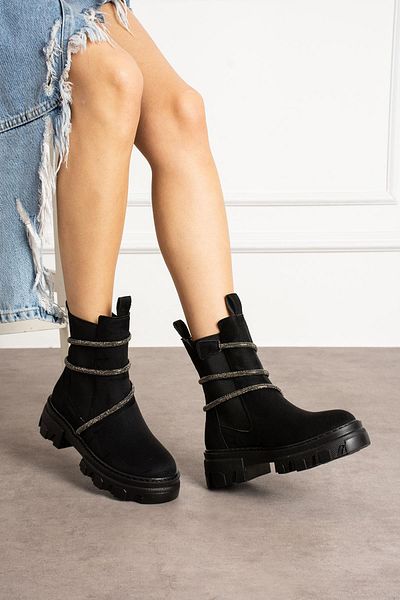 ShoeTek Fausta Black Suede Γυναικείες Μπότες - Μπότες με περιτύλιγμα και πέτρες