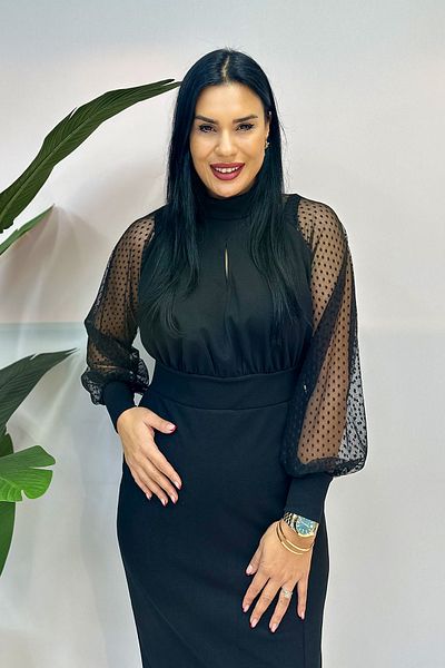 GÖKSEL Plus Size Dress with Tulle Leather Sleeves and Throat - Black