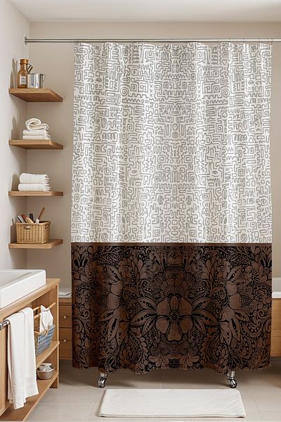 EVPANYA Κουρτίνα μπάνιου, Ethnic Brown Flowers Κουρτίνα μπάνιου, Κουρτίνα μπανιέρας 175x200cm