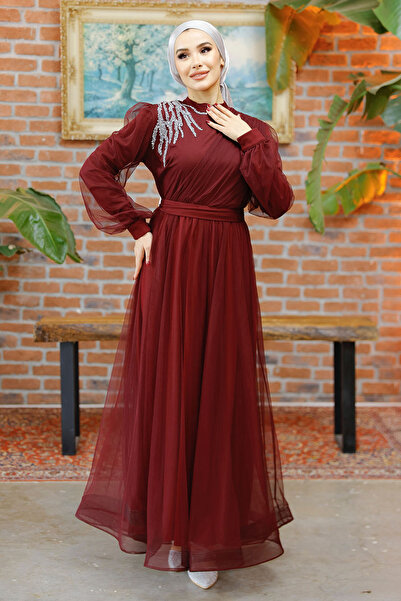 Nursima 6348 Stone Detailed Belted Grain Tulle Fabric, Lined Hijab Evening Dress