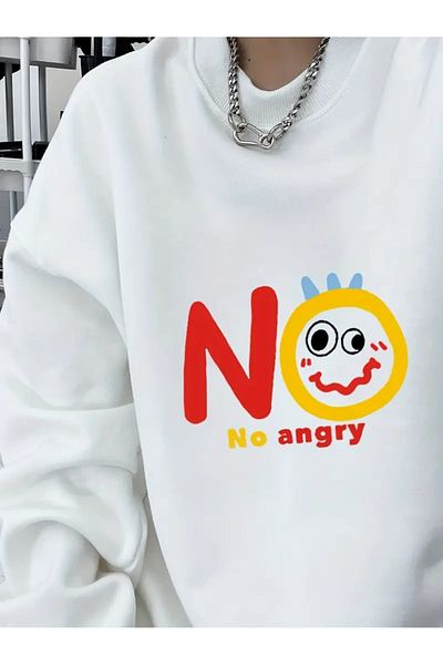 PALPİTO Γυναικείο φούτερ με λευκό No Angry Printed Crew Neck Oversize