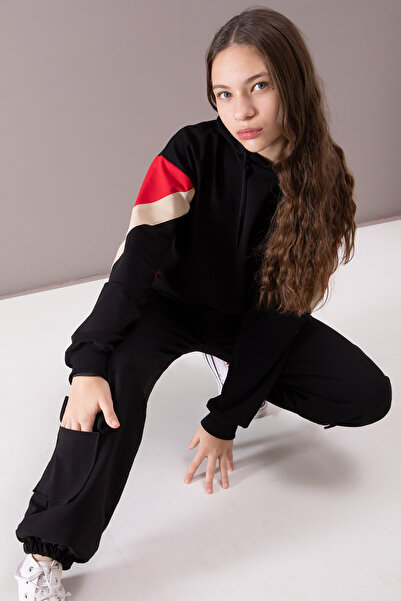 Cansın Mini Black Cargo Pocket Girl's Logo Double Suit 19866