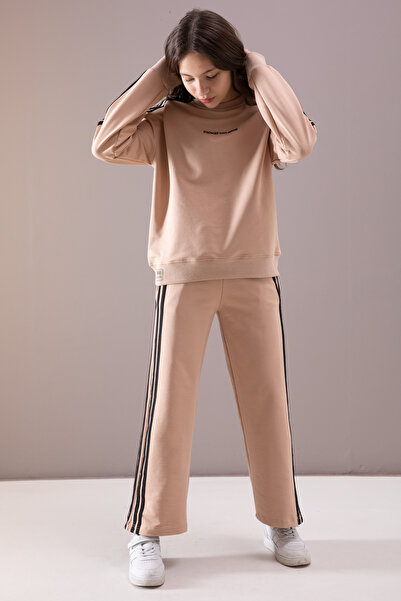 Cansın Mini Μπεζ φόρμα για κορίτσια με φαρδιά πόδια και ρίγες - 19874