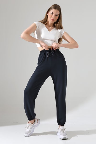 Balta Collection Women's Smoked Modal Fabric High Waist Double Pocket Soft Textured Rubber Leg Detailed Sweatpants