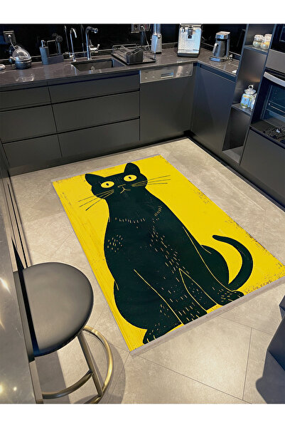 Rugs Modern Halı Schwan Koleksiyonu Sarı Temalı Şaşkın Siyah Kedi Desenli Dok...
