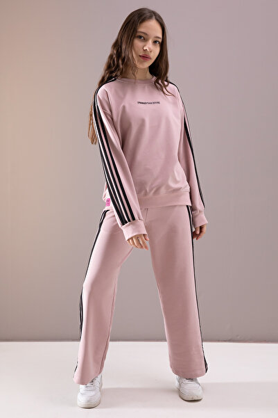 Cansın Mini Σετ φόρμας για κορίτσια με φαρδύ πόδι Dusty Rose Side Stripe 19875