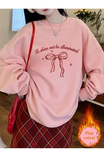 PALPİTO Women's Pink to Shine Ribbon Printed Crew Neck Oversize Sweatshirt
