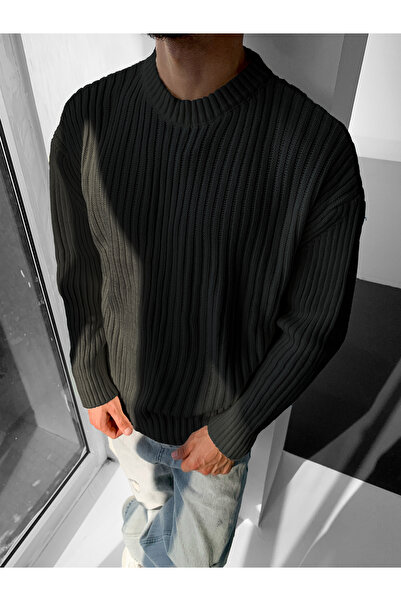 NO1 KONSEPT Μαύρο πλεκτό πουλόβερ με λαιμόκοψη με ραβδώσεις