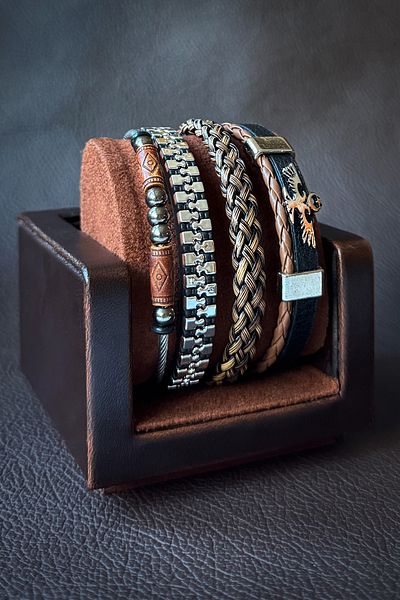 Onouqo Men's Leather and Natural Stone Combination Bracelet Set - 4 Pieces