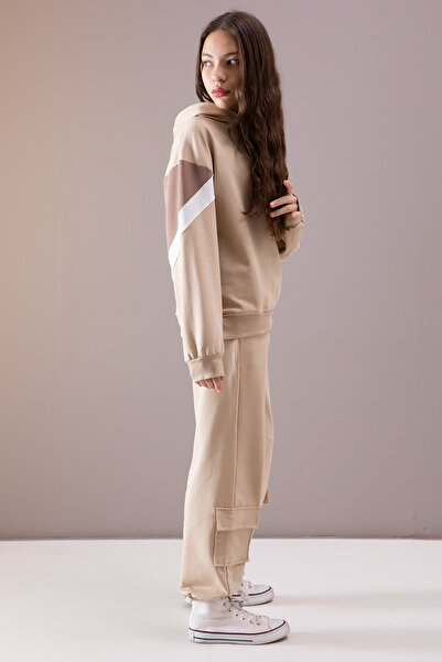 Cansın Mini Beige Cargo Pocket Girl's Logo Double Suit 19868