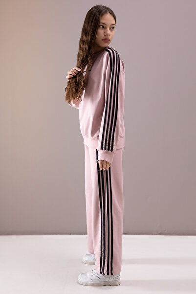 Cansın Mini Σετ φόρμας για κορίτσια με φαρδύ πόδι Dusty Rose Side Stripe 19875