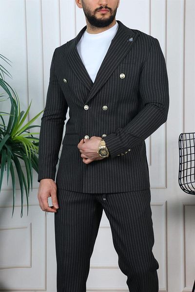 AGUSTİNİ Black and White Stripe Slim Fit Jogger Pant Suit - Pointed Neck |   Agustin