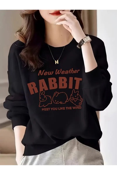 PALPİTO Ženska crna nova majica Rabbits Štampano okrugla kragna Oversize kroj