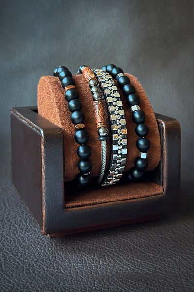 Onouqo Men's Leather and Natural Stone Combination Bracelet Set - 4 Pieces