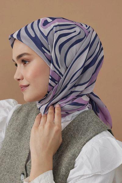Modakaşmir Lilac Zebra Patterned 110X110 Cotton Scarf
