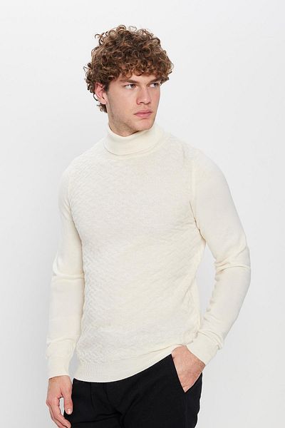 Tudors Men's Full Turtleneck Front Patterned Cream Color Knitwear Sweater