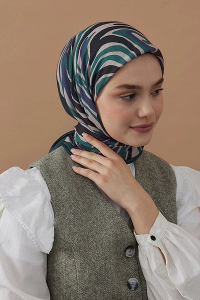 Modakaşmir 110X110 Zebra Patterned Cotton Scarf - Sea Green