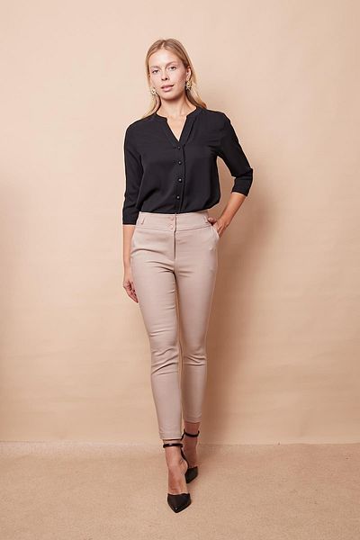 Jument Pantaloni din țesătură din bumbac Lycra cu talie înaltă, cu buzunar cu centură subțire, până la glezne - bej