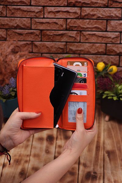 ANDİFLİ Unisex Leather Portfolio Card Holder Long Wallet with Orange Phone Compartment