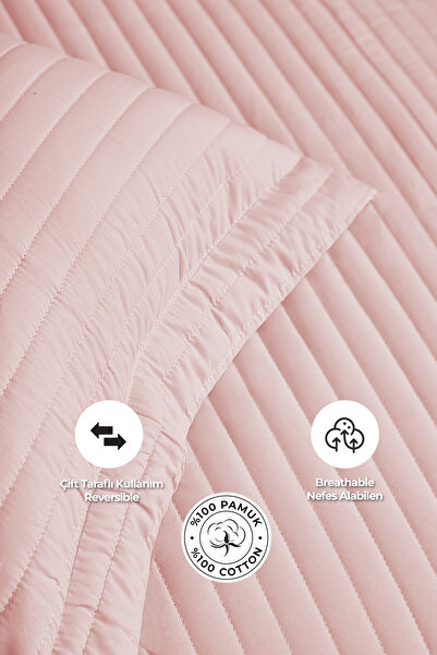 Evlen Home Collection %100 Pamuk Tek Kişilik Kapitone Yatak Örtüsü ( Pike ) Takımı Judy Elyaf Dolgulu Çizgili Pudra