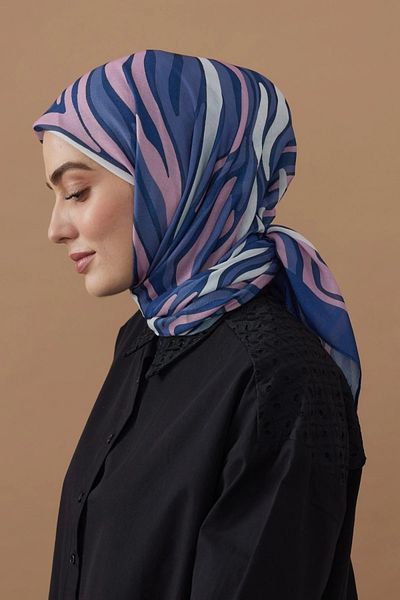 Modakaşmir Blue Zebra Patterned 110X110 Cotton Scarf