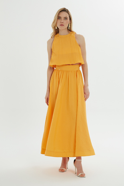 GİZİA Arkası Fermuarlı Turuncu Uzun Kloş Etek