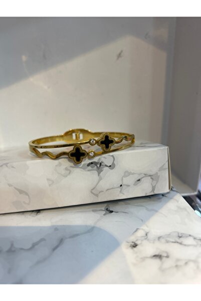 Çelik 316L Çelik Altın Renk Zirkon Taşlı yonca tasarım lı 2li Görünüm Kelepçe