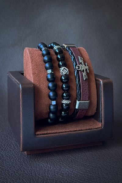 Onouqo Men's Leather and Natural Stone Combination Bracelet Set - 3 Pieces