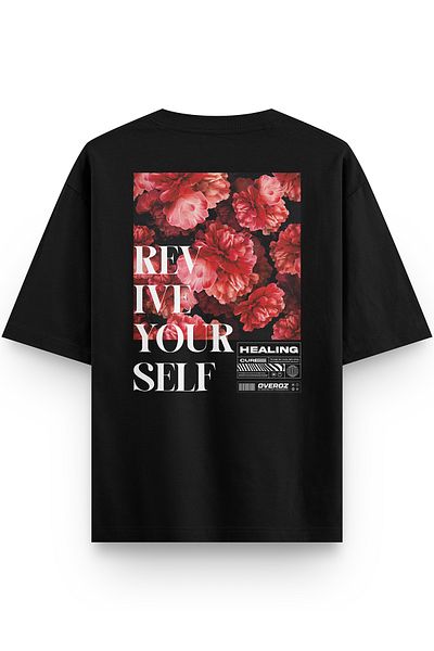 Overoz Μαύρο μπλουζάκι Unisex με λουλουδάτο σχέδιο - 1311
