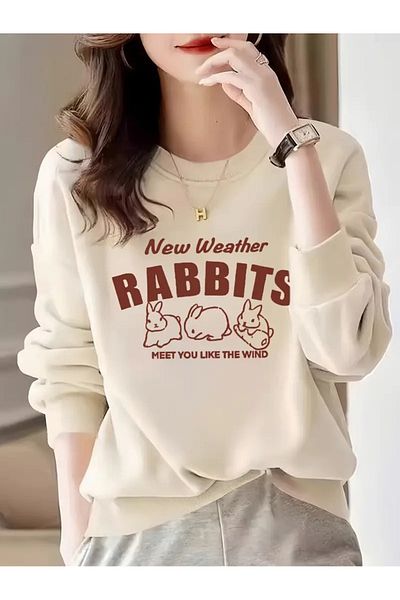 PALPİTO Γυναικείο μπλουζάκι μπεζ New Rabbits με στάμπα Crew Neck Oversize
