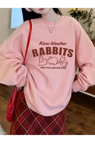 PALPİTO Ženska ružičasta majica New Rabbits Štampano okrugla kragna Oversize ...