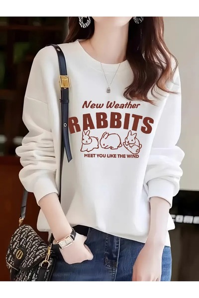 PALPİTO Ženska bela nova majica Rabbits Štampano okrugla kragna Oversize kroj