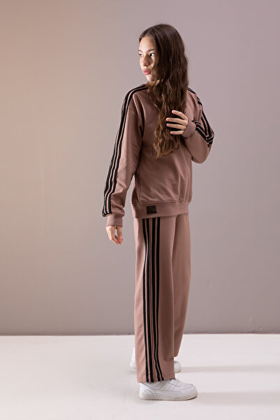 Cansın Mini Καφέ αθλητικές φόρμες με ρίγα στο πλάι και φαρδύ μπατζάκι για κορίτσια 19873