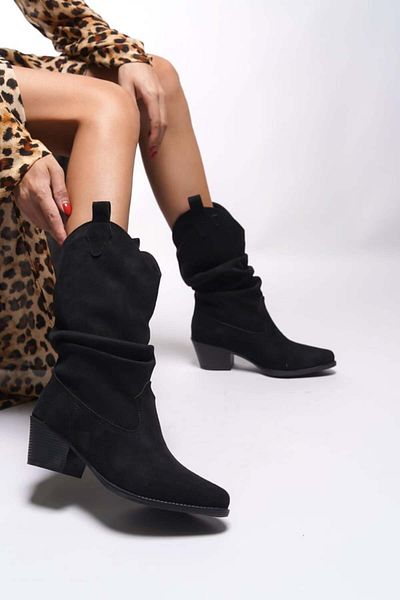 eformoda by emre yılmaz Cizme de cowboy negre din piele intoarsa pentru femei cu toc gros - 875