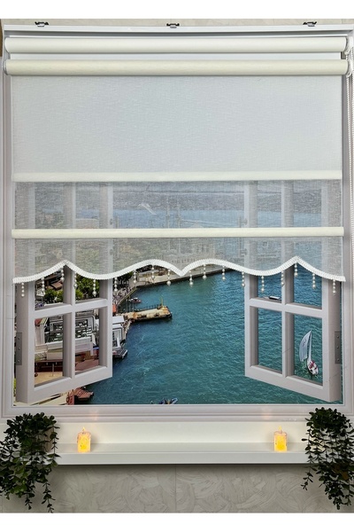 Fall Decoration Çiftli Sistem Stor Perde Ekru Keten Etek Dilimli İnci Boncukl...