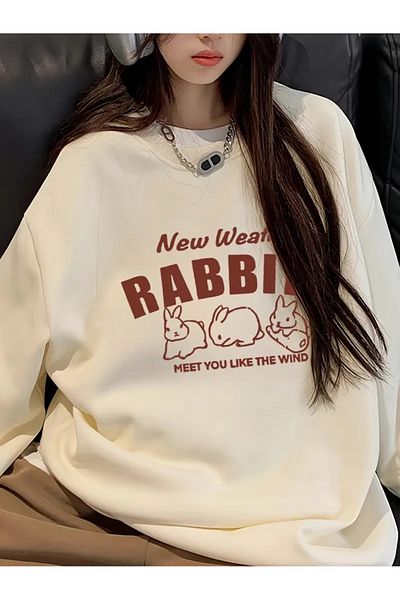 PALPİTO Γυναικείο μπλουζάκι μπεζ New Rabbits με στάμπα Crew Neck Oversize