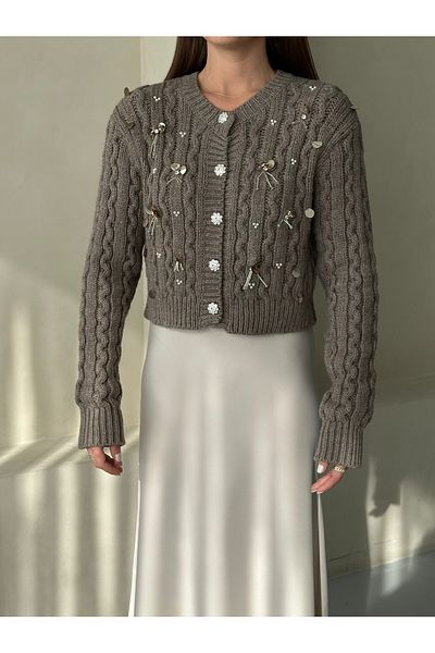 Laluvia Mink Beaded Sequin Embroidered Cardigan - 4274