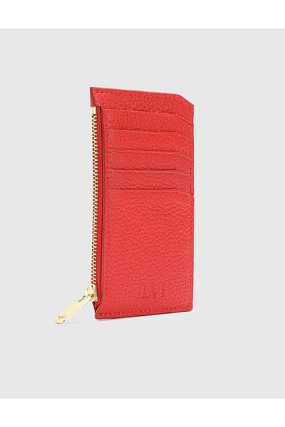 İLVİ Pereira Genuine Floater Leather Unisex Red Card Holder