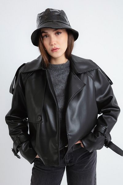 Lafaba Women's Black Sleeve Detailed Faux Leather Jacket