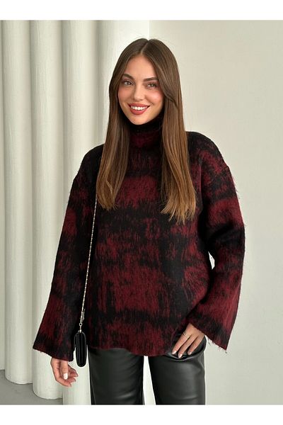 Laluvia Weinrot - Schwarzer Stehkragen Pullover - 4677