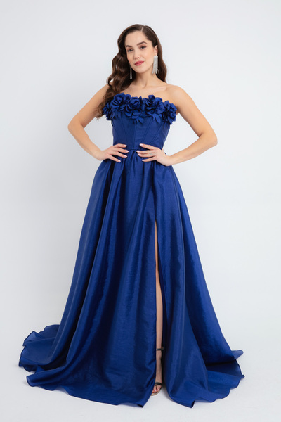 Lafaba Női sötétkék nyakú rózsa részletekkel, hasított hosszú estélyi ruha