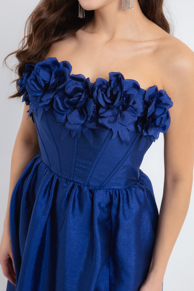 Lafaba Női sötétkék nyakú rózsa részletekkel, hasított hosszú estélyi ruha